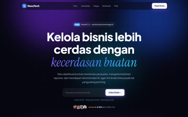 Contoh website Landing Page: NexaTech · Startup Teknologi